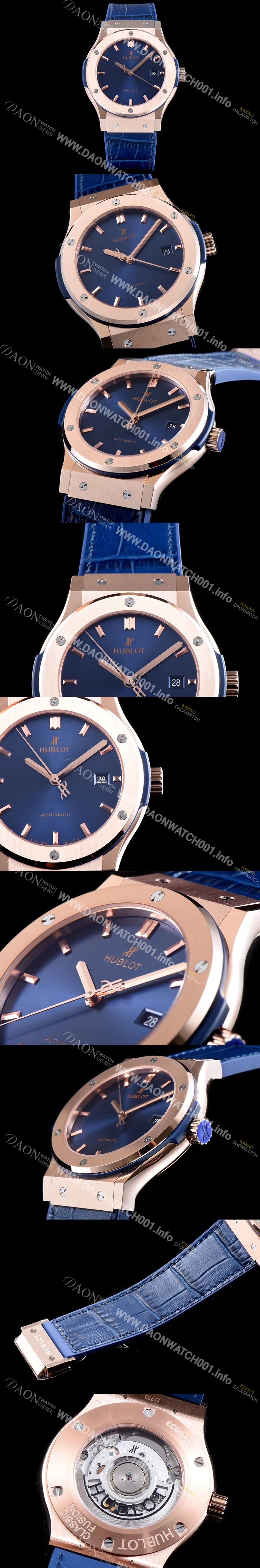 휴블렛 남성용 클레식 퓨전 511.OX.7180.LR 데일리워치 심플하고 클래식한 타입!! 18k 로즈골드 케이스 블루 썬더스트 다이얼 블루 레더스트랩 오토매틱 무브먼트 HUB0240 Ⅳ