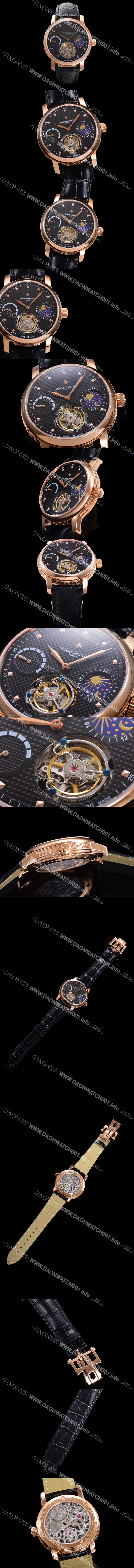 바쉐런콘스탄틴남성용 트레디셔널 투어빌론 오토매틱 문페이즈 44mm 18K 로즈골드 가죽줄 블랙다이얼 vac15690 Ⅳ