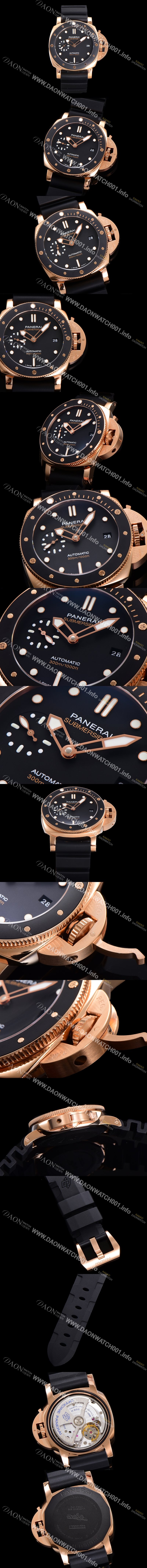 파네라이 남성용 서브머시블 골드테크™ PAM02164 오토매틱 Cal P. 900 타입 42mm 18K 로즈골드 우레탄 블랙 다이얼 pan5209 Ⅳ