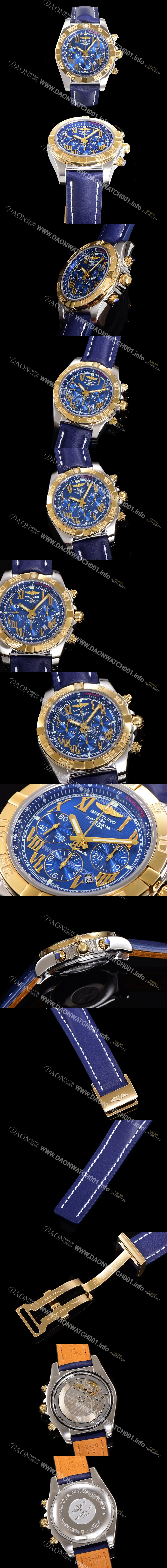 브라이틀링 남성용 원드라이더 크로노맷 오토매틱 ETA-7750 기계식 44mm 18K 옐루골드 가죽줄 블루다이얼 bre2531 Ⅳ