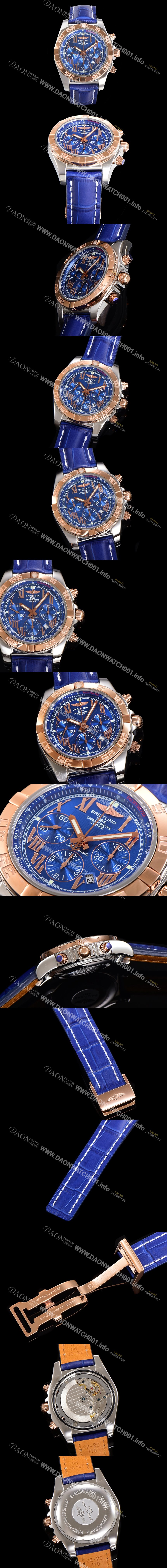 브라이틀링 남성용 원드라이더 크로노맷 오토매틱 ETA-7750 기계식 44mm 18K 로즈골드 가죽줄 블루다이얼 bre1915 Ⅳ