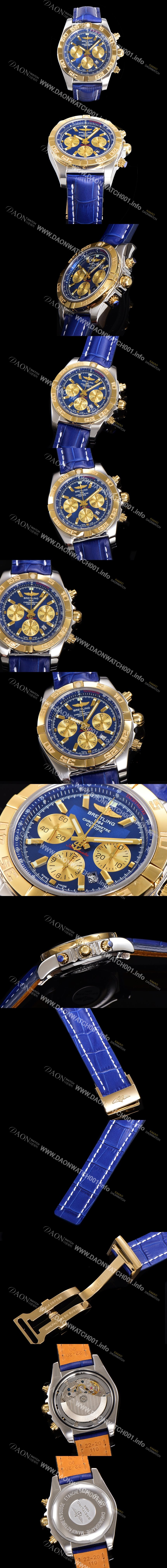 브라이틀링 남성용 원드라이더 크로노맷 오토매틱 ETA-7750 기계식 44mm 18K 옐루골드 가죽줄 블루다이얼 bre5121 Ⅳ