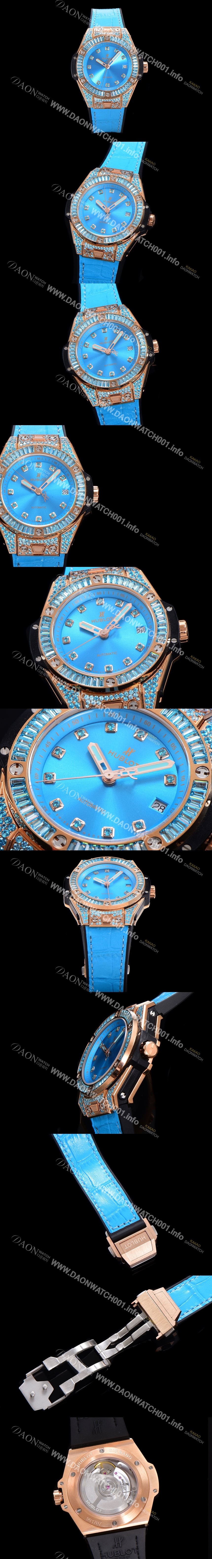 휴블렛 남여공용 빅뱅 오토매틱 HUB1710타입 39mm 다이아/보석 세팅 로즈골드 우레탄/가죽 믹스밴드 블루다이얼 hub9312 Ⅳ