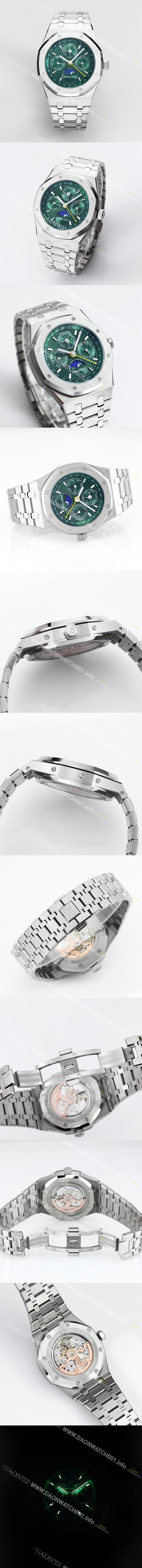 오데마피게 남성용 로얄오크 26574 퍼페츄얼 캘린더 문페이즈 41mm 그린 다이얼 신형 5134 오토매틱 무브먼트 aud4208 Ⅳ