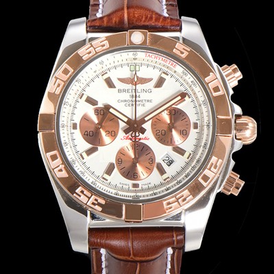 브라이틀링 남성용 원드라이더 크로노맷 오토매틱 ETA-7750 기계식 44mm 18K 로즈골드 가죽줄 화이트다이얼 bre3911 Ⅳ
