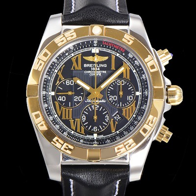 브라이틀링 남성용 원드라이더 크로노맷 오토매틱 ETA-7750 기계식 44mm 18K 옐루골드 가죽줄 블랙다이얼 bre1951 Ⅳ