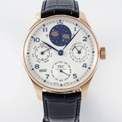 아이더블유씨 남성용 포루투기즈 IW503405 퍼페추얼 캘린더 더블 문 플래티넘 44mm 18k 로즈골드 오토매틱 무브먼트 화이트 다이얼 iwc4110 Ⅳ