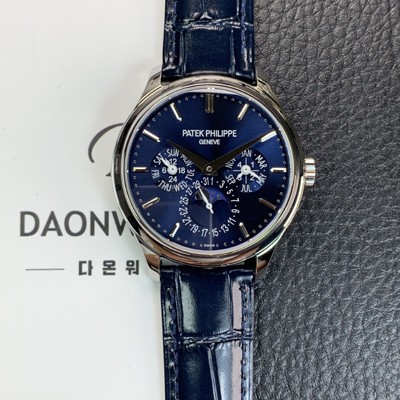 파텍필립 남성용 퍼페추얼 캘린더 5140 가죽줄 40mm 오토매틱 Cal.240 타입 블루 다이얼 pat2241 Ⅳ