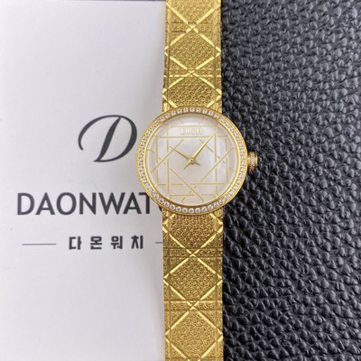 디올 여성용 라디드 사틴 25mm 다이아몬드 18K 옐루골드 쿼츠 무브먼트 화이트 자게 다이얼 dio1001 Ⅳ