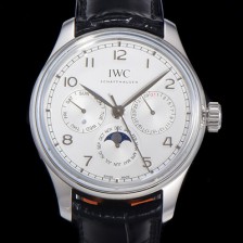 아이더블유씨 남성용 포르투기즈 퍼페추얼 캘린더 문페이즈 오토매틱 42mm Cal.82650 타입 가죽줄 화이트다이얼   iwc42081 Ⅳ