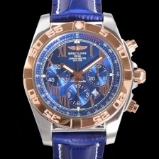 브라이틀링 남성용 원드라이더 크로노맷 오토매틱 ETA-7750 기계식 44mm 18K 로즈골드 가죽줄 블루다이얼 bre1915 Ⅳ
