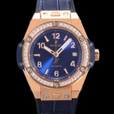 휴블렛 남여공용 빅뱅 오토매틱 HUB1710타입 39mm 다이아/보석 세팅 로즈골드 우레탄/가죽 믹스밴드 블루다이얼 hub2123 Ⅳ