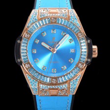 휴블렛 남여공용 빅뱅 오토매틱 HUB1710타입 39mm 다이아/보석 세팅 로즈골드 우레탄/가죽 믹스밴드 블루다이얼 hub9312 Ⅳ
