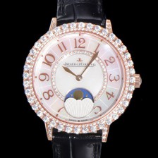 예거르꿀뜨르 여성용 랑데뷰 문미듐 오토매틱 Cal.935타입 34mm 18K 로즈골드 보석/다이아 베젤 가죽줄 화이트다이얼 jag9912 Ⅳ