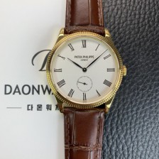 파텍필립 남성용 칼라트라바 18K 옐로우골드 가죽줄 39mm 오토매틱 324 타입 화이트 다이얼 pat2249 Ⅳ