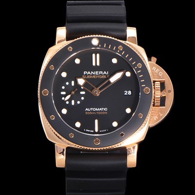 파네라이 남성용 서브머시블 골드테크™ PAM02164 오토매틱 Cal P. 900 타입 42mm 18K 로즈골드 우레탄 블랙 다이얼 pan5209 Ⅳ
