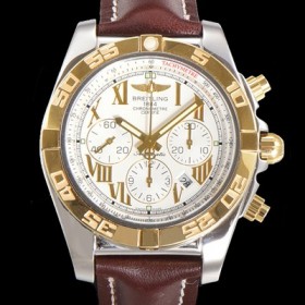 브라이틀링 남성용 원드라이더 크로노맷 오토매틱 ETA-7750 기계식 44mm 18K 옐루골드 가죽줄 화이트다이얼 bre9152 Ⅳ